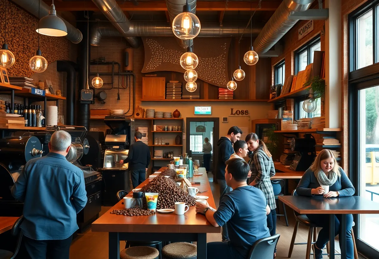 Interior of Katï Coffee Roastery with coffee beans and patrons
