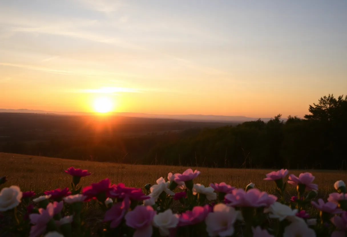 Beautiful landscape with flowers at sunset to honor Amy Beukema