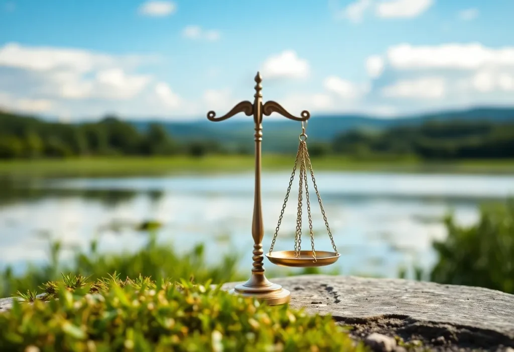 Serene landscape with a balanced scale of justice