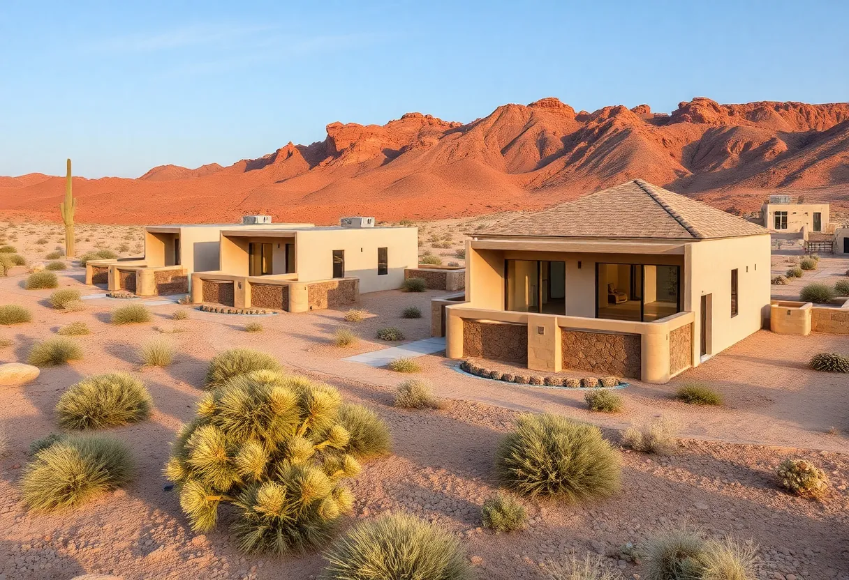 A modern 3D-printed home in the Lumen Villas community in Marfa, Texas.