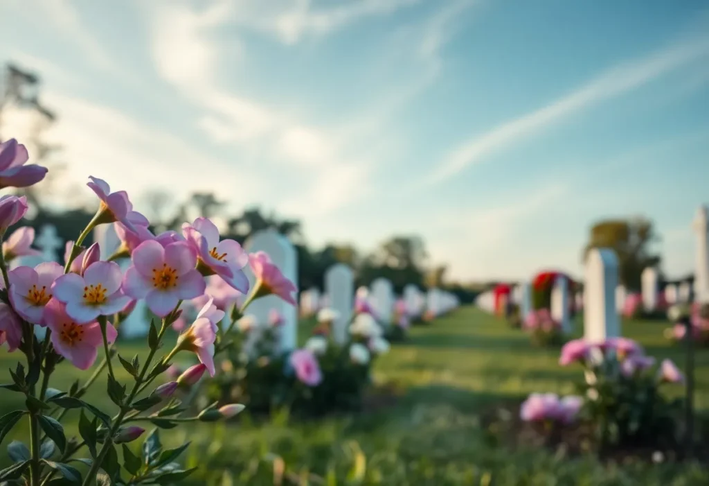 Cemetery scene with flowers, representing a tribute to a loved one.