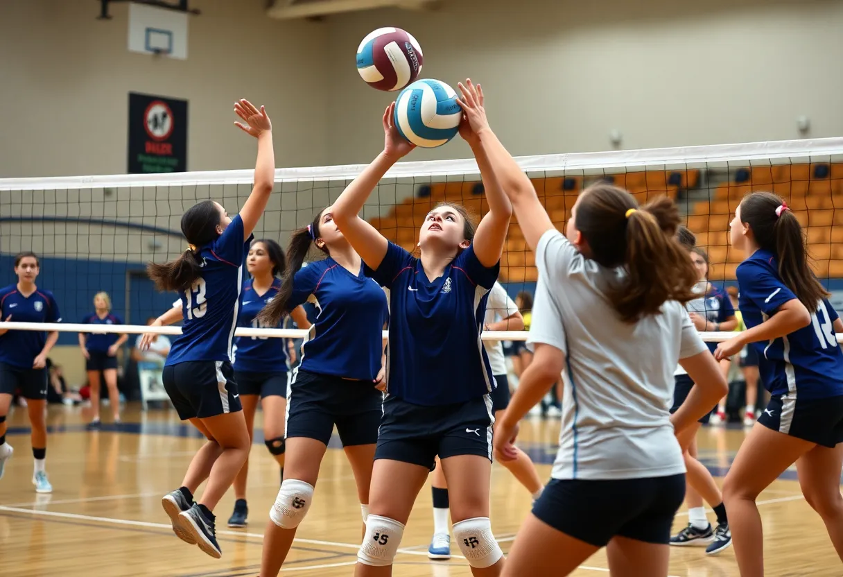 Round Rock School volleyball team playing during a match
