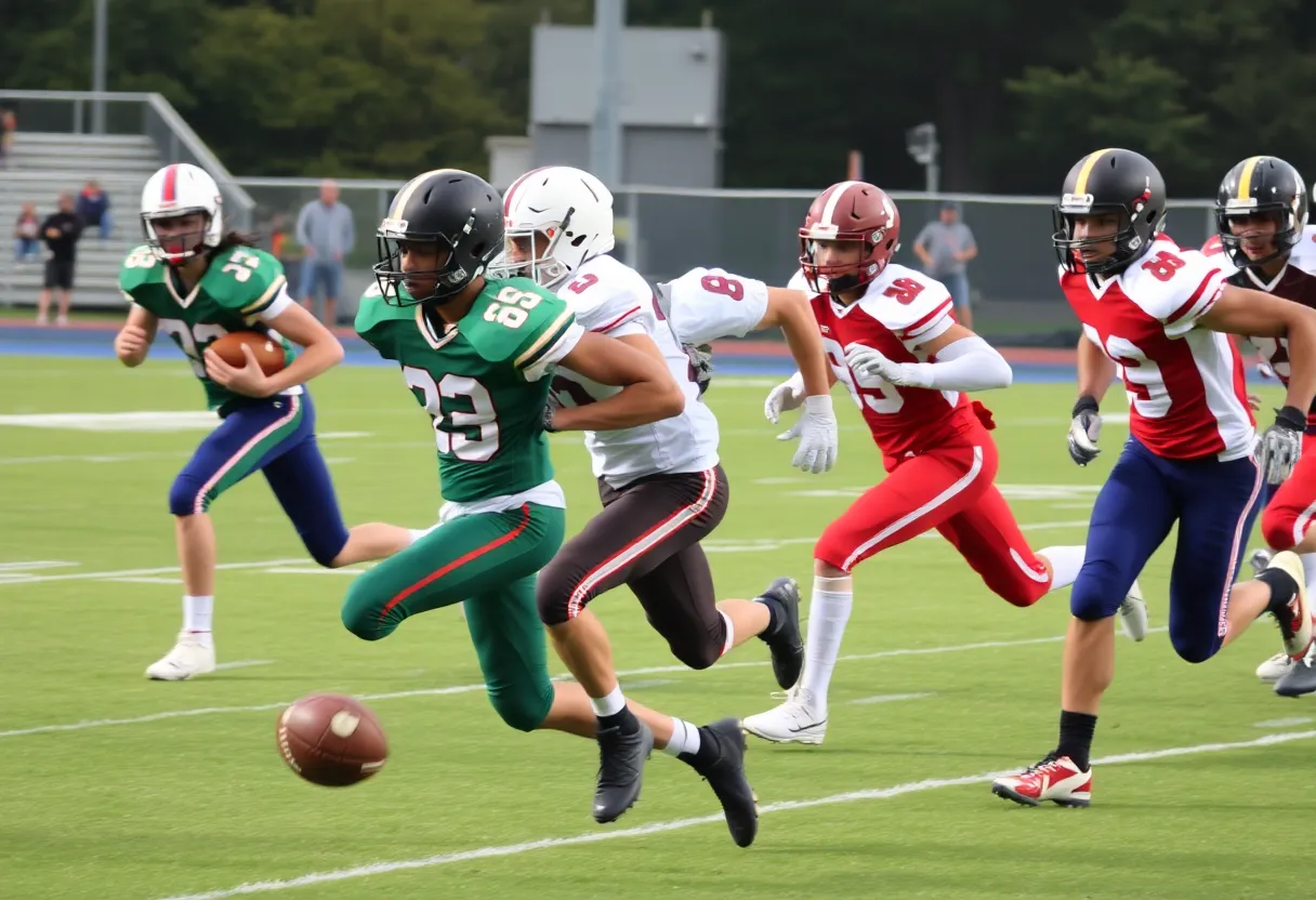 Rouse Raiders battling Georgetown Eagles during a high school football game.