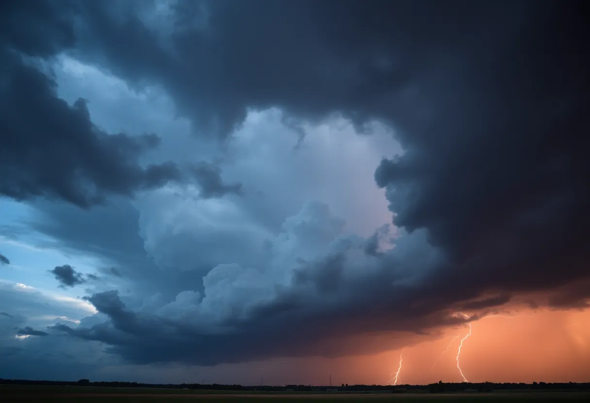 Dark thunderclouds and lightning over Texas landscape during a severe thunderstorm