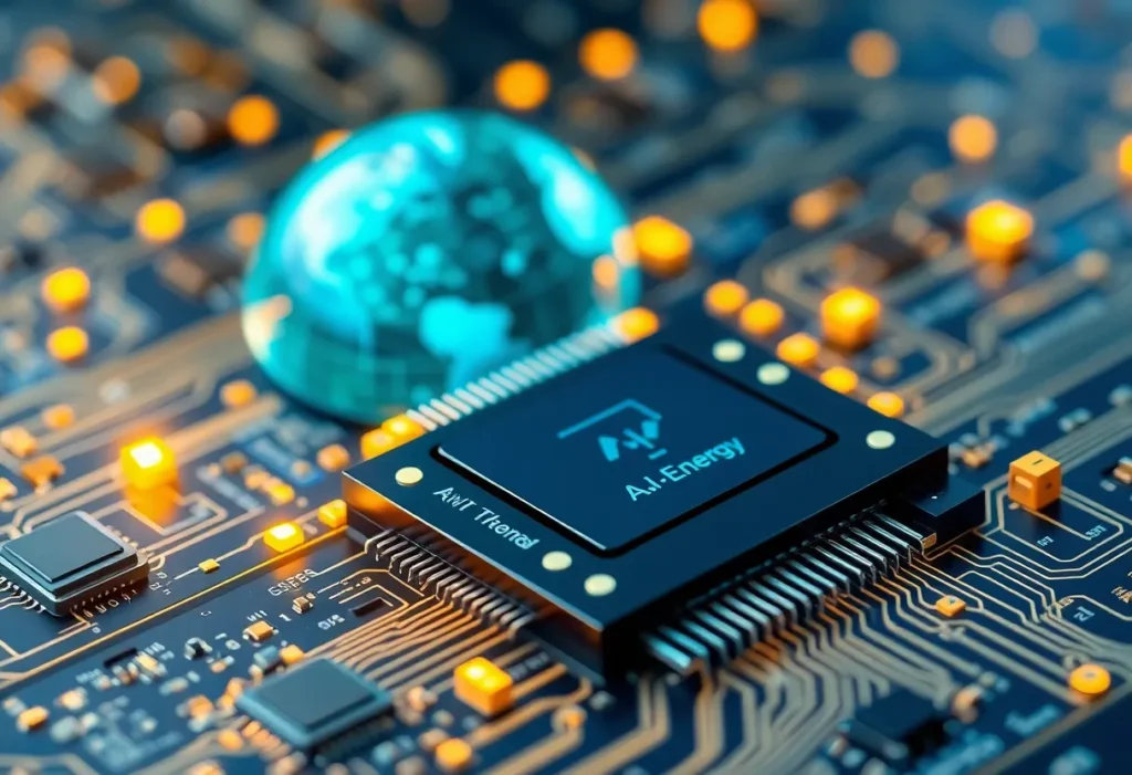 Illustration of advanced semiconductor technology showcasing AI integration and green energy.