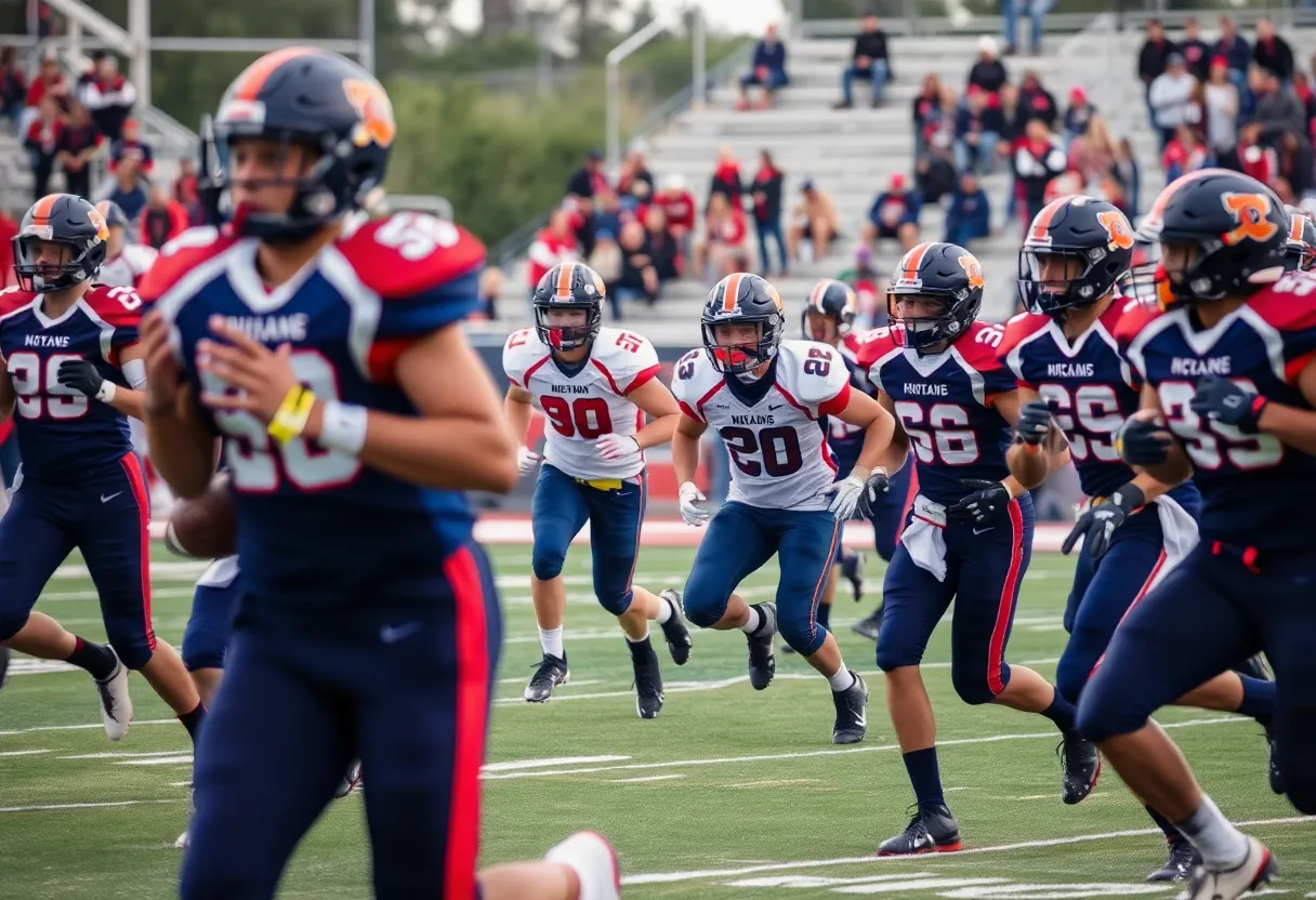 High school football players in action during a game in Texas
