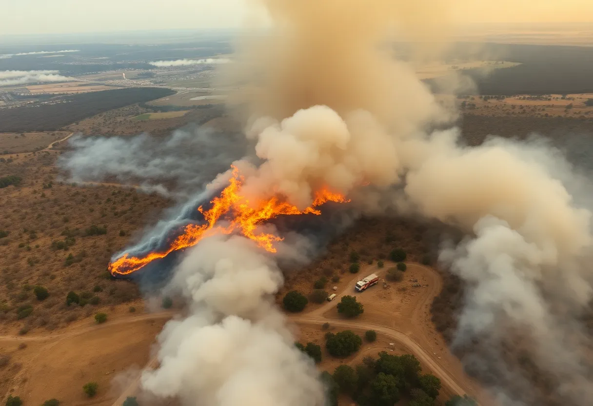 Wildfire spreading across a Texas landscape with emergency responders in action.