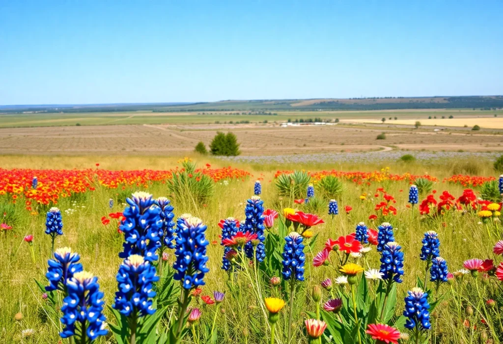 Vibrant wildflowers blooming in Texas with bluebonnets in the foreground.
