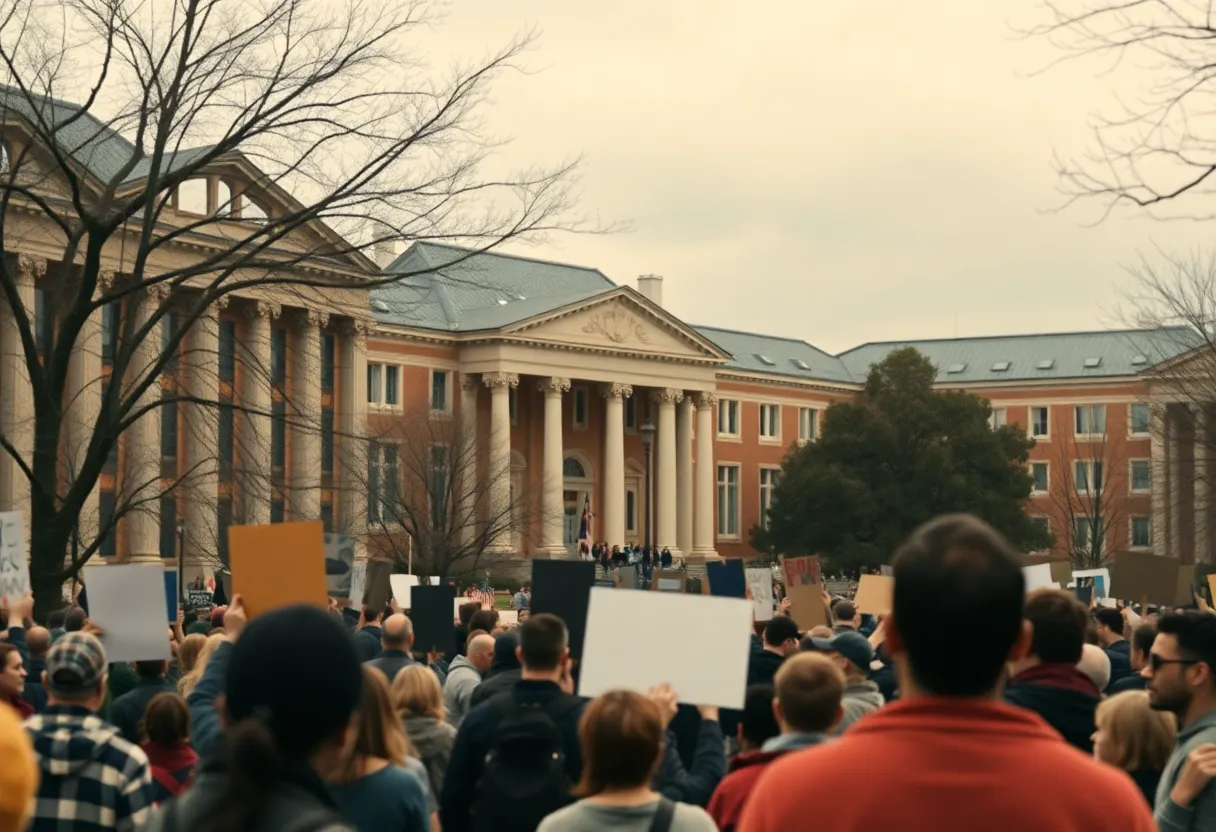 A university campus protest scene depicting political activism.