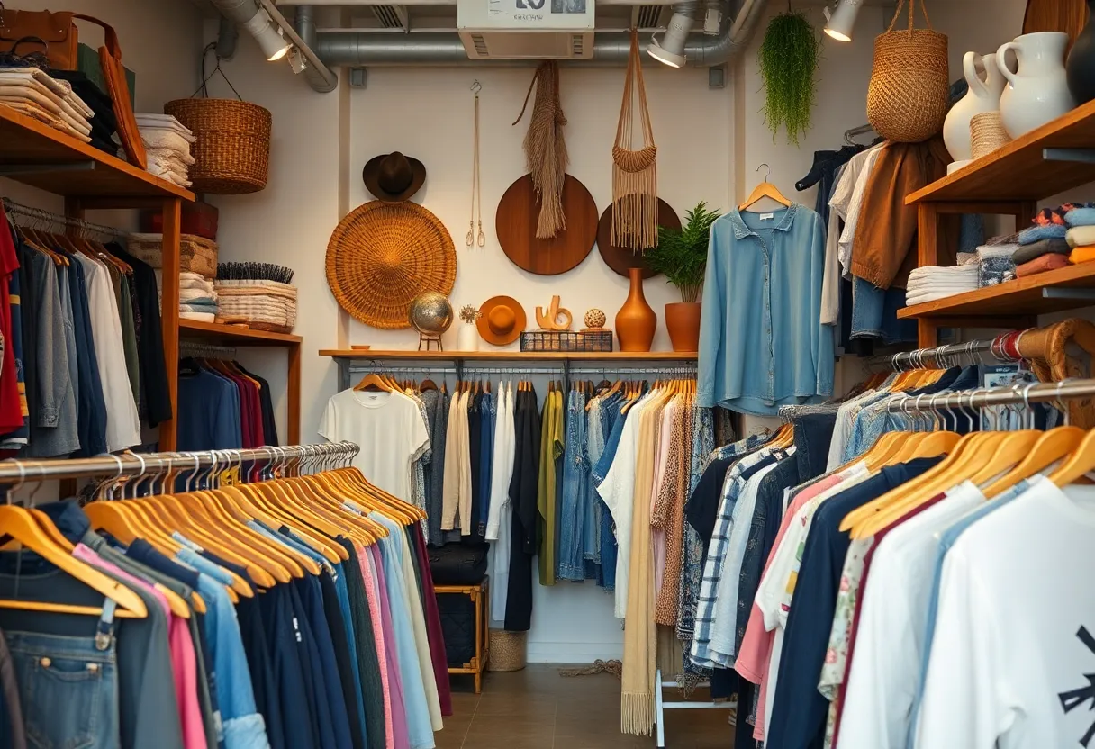 Interior view of Uptown Cheapskate with colorful racks of second-hand clothes