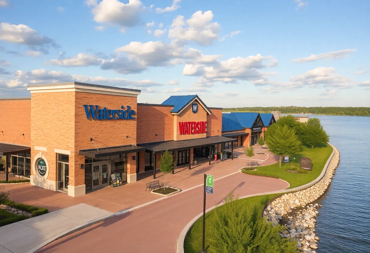 Waterside retail center viewed from the Trinity River, showcasing various stores.