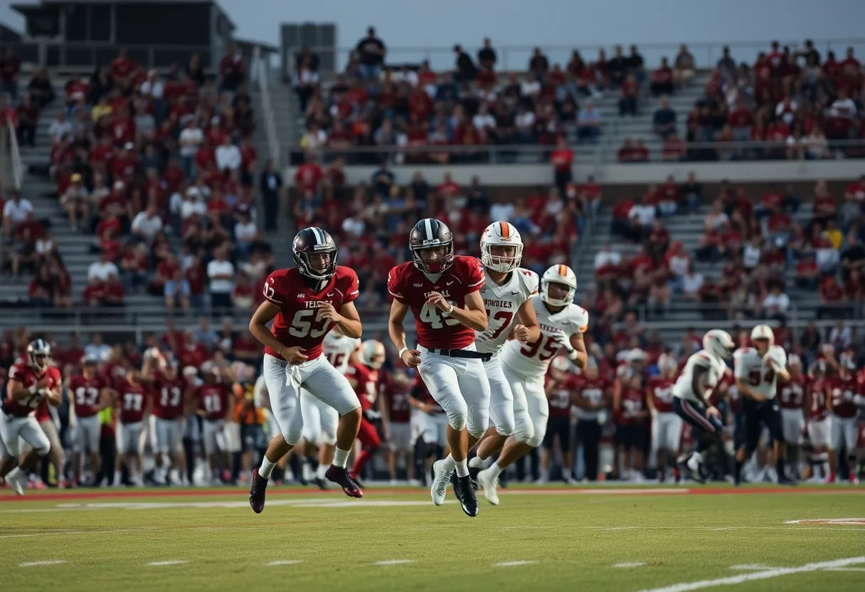 Players in a Texas high school football game showcasing teamwork and competition.